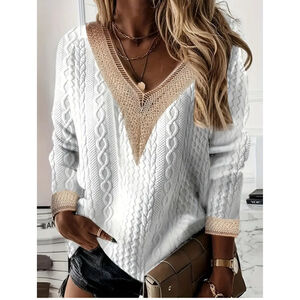 Women's EVALESS White 4X V-Neck Cable Knit Sweater with Beige Trim